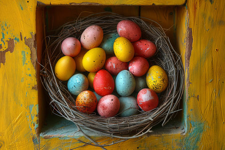 colorful easter eggs in a nest on a yellow background, in the style of contemporary candy-coated. Generative AIの素材