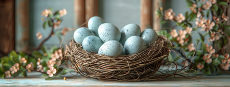 basket of blue eggs 3d rendering on white wood, in the style of captivating floral still lifes, dotted, luxurious fabrics. Generative AI.の素材