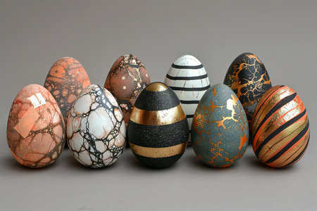 eggs painted with black stripes, decorations, and gold leaf, in the style of minimalistic geometric, white background. Generative AI.の素材