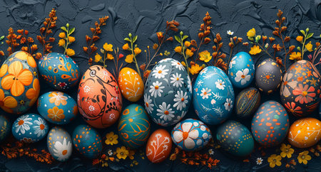 easter egg floral border blue print, in the style of dark green and amber, minimalist backgrounds, realistic, detailed rendering, nature morte. Generative AI.の素材