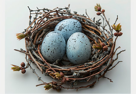 easter eggs in a wreath, isolated on white background, in the style of minimalist nature studies. Generative AIの素材