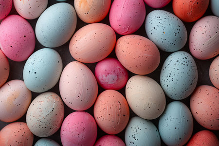 colorful round eggs scattered on black and white background, in the style of dark beige and light azure, vibrant pastels, close-up. Generative AI.の素材