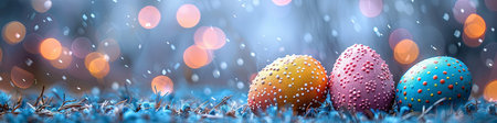 cute easter backgrounds hd wallpaper, in the style of light sky-blue and aquamarine, motion blur panorama. Generative AI.の素材