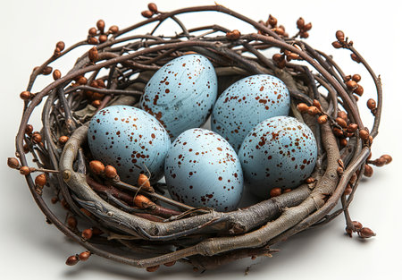 easter eggs in a wreath, isolated on white background, in the style of minimalist nature studies. Generative AIの素材