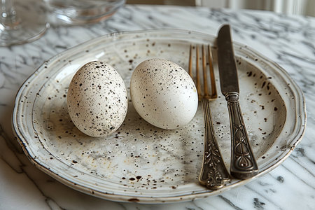 eggs, fork and knife on a plate with dried leaves, in the style of dreamy and romantic compositions, polished concrete. Generative AI.の素材