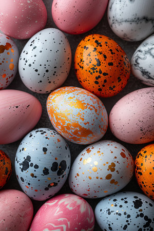 large colorful easter eggs in a rectangle on white background, in the style of dark gold and azure, scattered composition, marble. Generative AI.の素材