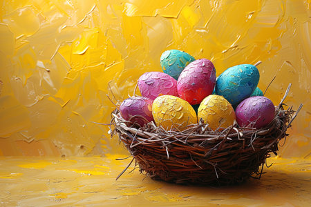 easter eggs in a basket on yellow background, in the style of vibrant hues master. Generative AI.の素材