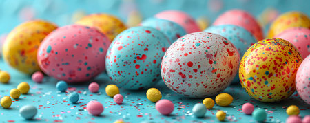 colorful easter eggs on a turquoise background, in the style of light black and teal, pastel-hued . Generative AI.の素材