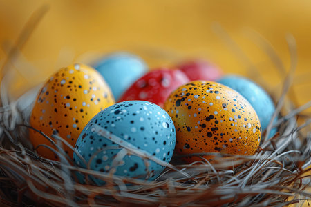 colorful easter eggs in a nest on a yellow background, in the style of contemporary candy-coated. Generative AIの素材
