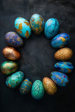 turquoise and blue painted easter eggs arranged in a circle, in the style of gold and azure, stylish. Generative AIの素材