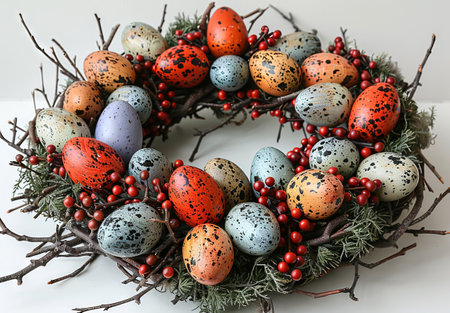 easter wreath with eggs on white background, in the style of organic nature-inspired forms. Generative AI.の素材
