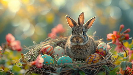 some colorful easter eggs and bunnies at a small nest, in the style of hyperrealism and photorealism, photorealistic fantasies, realistic animal portraits. Generative AI.の素材