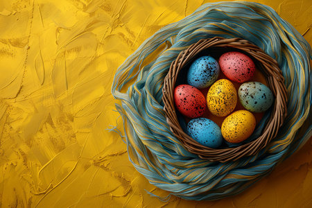 easter eggs in basket in yellow wicker basket, in the style of bold color field, pastel-hued. Generative AI.の素材