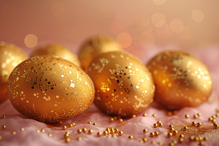 gold and pink easter eggs on a pink background pattern, in the style of high speed sync, photo-realistic compositions, confetti-like dots. Generative AIの素材