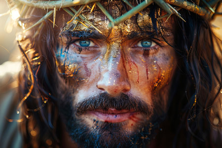 jesus the prophet standing with crown of thorns, in the style of lens flares, eye-catching detail. Generative AIの素材