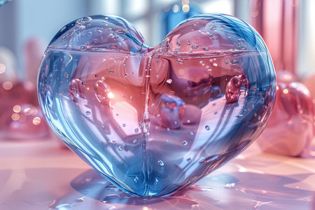 a set of pink and blue shiny heart patterns, in the style of photorealistic still life, vray tracing, light silver and sky-blue. generative AIの素材