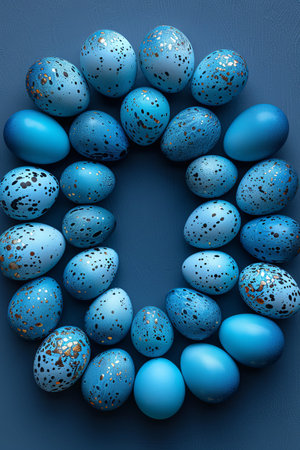 turquoise and blue painted easter eggs arranged in a circle, in the style of gold and azure, stylish. Generative AI.の素材