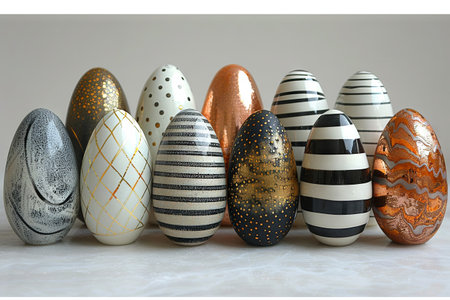 various gold and black easter eggs, in the style of minimalist black and white, color stripes, colorful geometrics, painterly lines, vibrant, white background. Generative AI.の素材