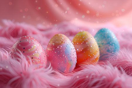 gold and pink easter eggs on a pink background pattern png, in the style of high speed sync, photo-realistic compositions, confetti-like dots. Generative AIの素材