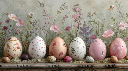 watercolor easter egg pattern, in the style of whimsical compositions, nature-inspired, murals and wall drawings, naturalistic tones. Generative AIの素材