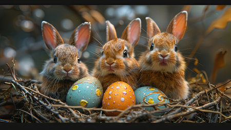 some colorful easter eggs and bunnies at a small nest, in the style of hyperrealism and photorealism, photorealistic fantasies, realistic animal portraits. Generative AI.の素材