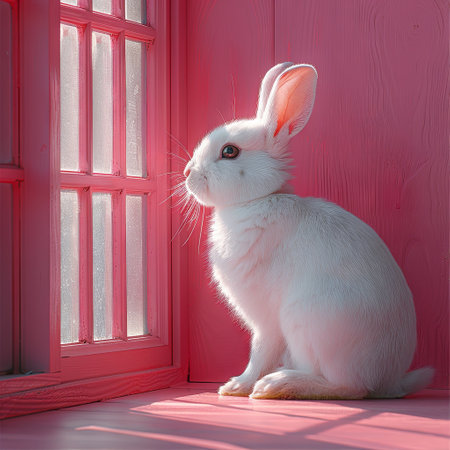 white rabbit in the front window on pink background stock photo white bunny, in the style of ethereal minimalism. Generative AI.の素材