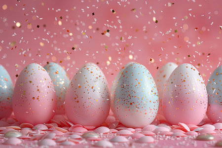 gold and pink easter eggs on a pink background pattern png, in the style of high speed sync, photo-realistic compositions, confetti-like dots. Generative AIの素材