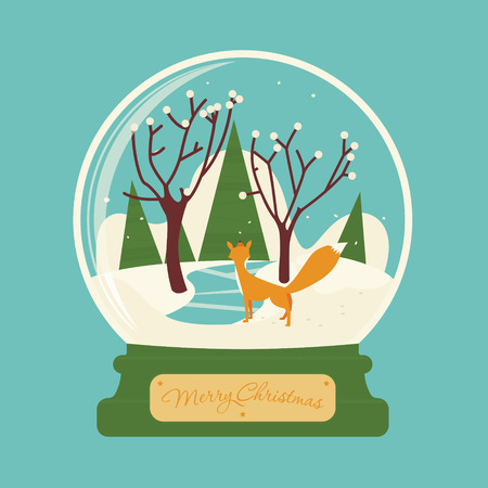 Merry christmas glass ball with fox in the forest. Celebratory scenery. Eve of New Year. Congratulatory postcard or greeting.のイラスト素材