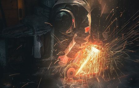 A man cuts a pipe with a saw through iron and sparks fly