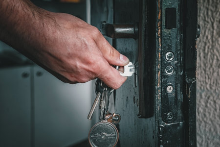 hand opens the lock in the door with a keyの写真素材