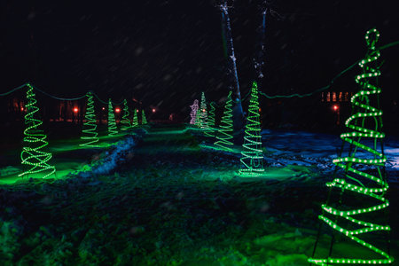 Snow path in the park illuminated by the light from artificial Christmas treesの写真素材