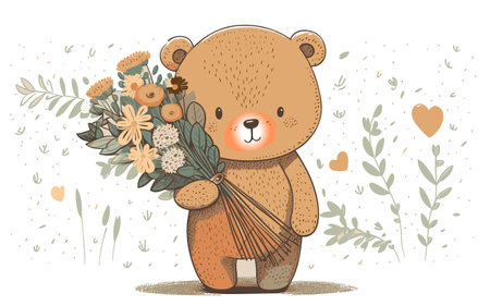 drawing cute teddy bear with a bouquet of flowersのイラスト素材