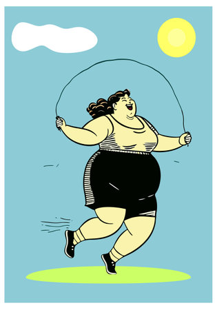 fat cheerful woman jumping rope in natureのイラスト素材