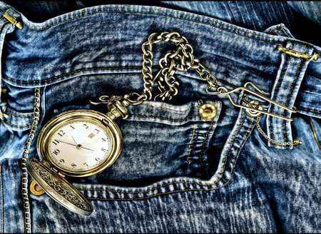 blue jeans with a pocket watch on a gold chainの素材
