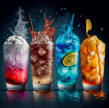 colorful fruit cocktails with ice in misted glass glassesの素材
