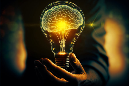 Human hand holding a smart light bulb with glowing rays of light and virtual brainの素材