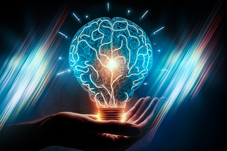 Human hand holding a smart light bulb with glowing rays of light and virtual brainの素材