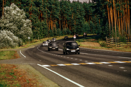 A winding road with cars in motion passes through a dense forest, symbolizing the connection of civilization and nature in the modern world.の写真素材