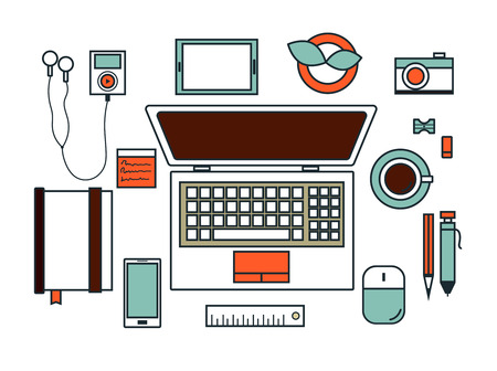 Flat design vector illustration of modern creative office workspace, with computer. The office of a creative worker.のイラスト素材