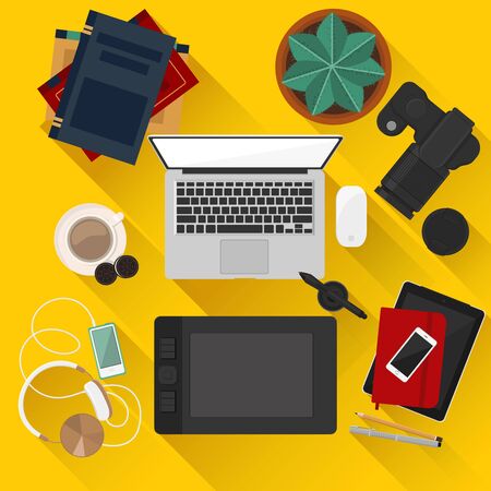 Flat design vector illustration of modern creative office workspace, with computer. The office of a creative worker.のイラスト素材