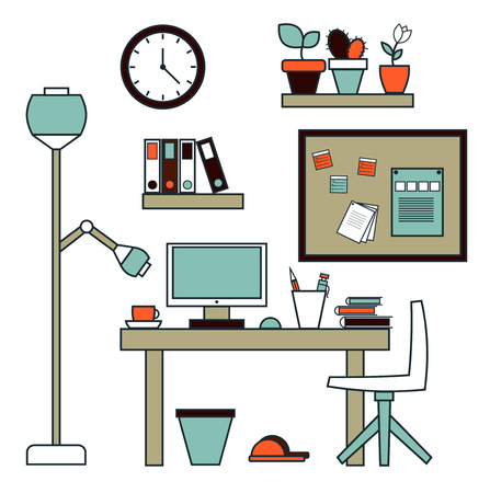 Flat design vector illustration of modern creative office workspace, with computer. The office of a creative worker.のイラスト素材
