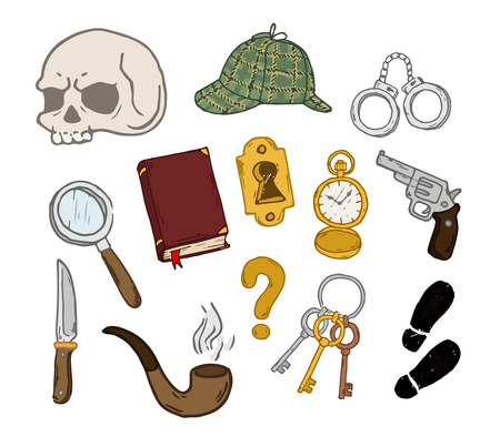 Detective hand-drawn set. Detective hand-drawn set. Isolated objects on a white background.のイラスト素材
