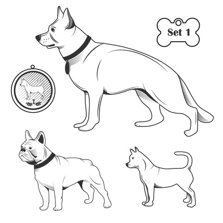 Set of dogs. Contour on a white background. Drawn in cartoon style.のイラスト素材