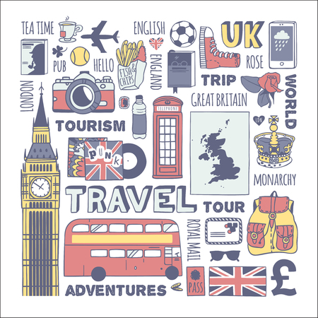 England travel set. Characters travel to England.のイラスト素材