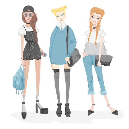 Fashionable girls set. Drawn in cartoon style girl.のイラスト素材