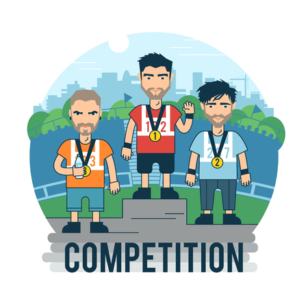 Champion on the podium. Winners on the podium with medals.のイラスト素材