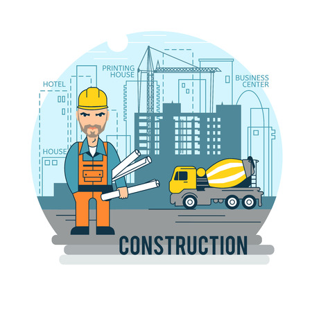 Engineer at work. The foreman at the construction site with documents and drawings.のイラスト素材