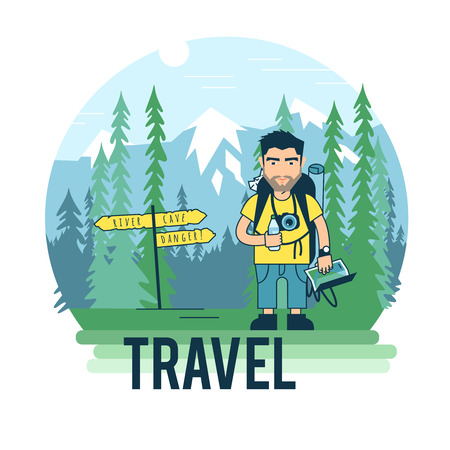 This tourist in the national park. Bearded tourist.のイラスト素材