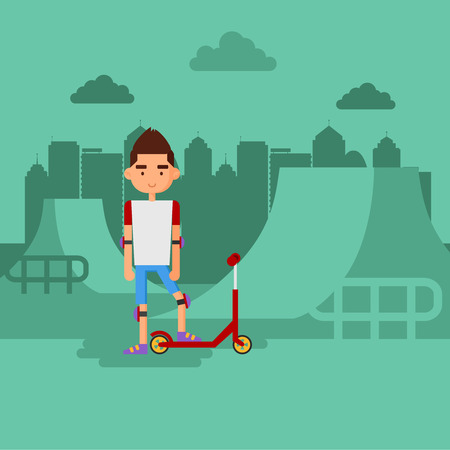 Boy on scooter in a park. Stay at the skate Park.のイラスト素材