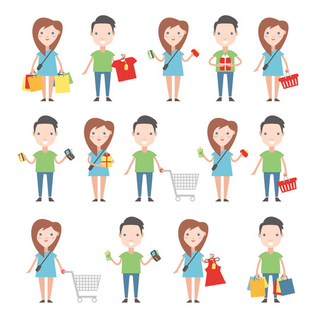 Happy buyers set. Men and women with shopping carts, bags and shopping.のイラスト素材